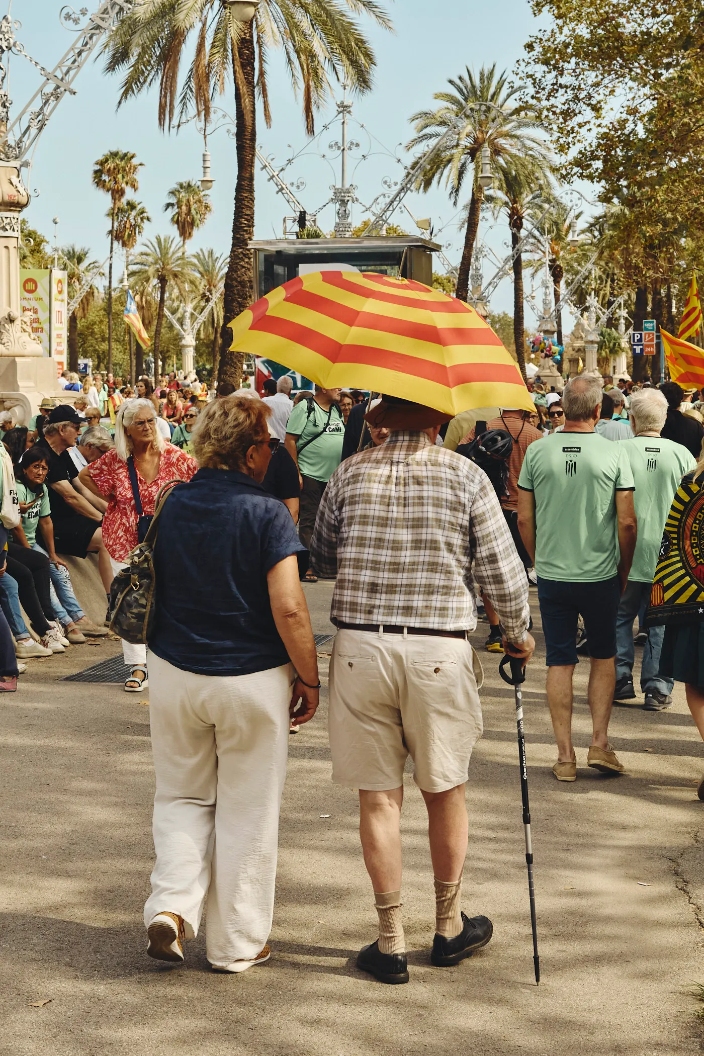 Elderly couple catalan umbrella diada
