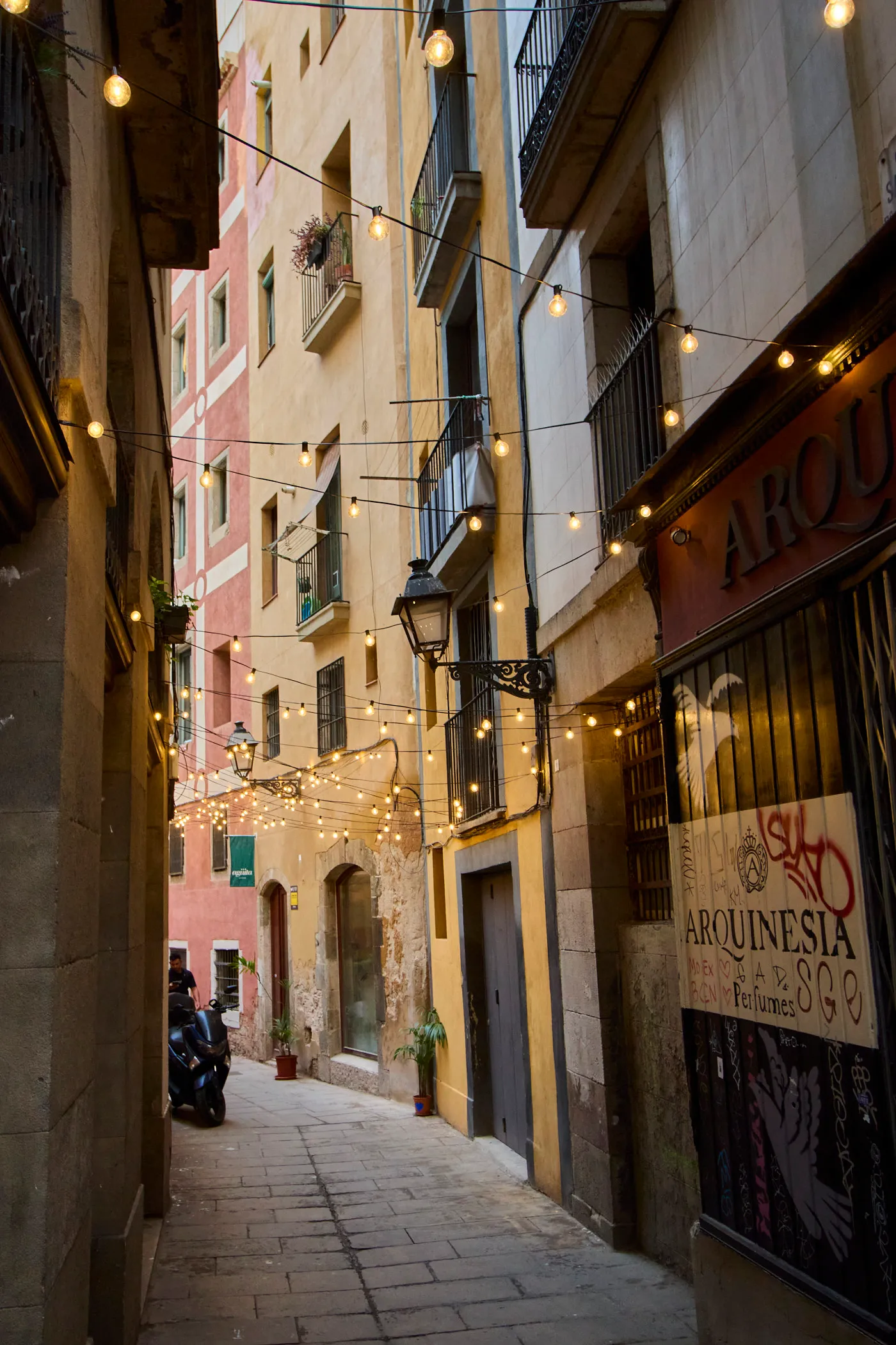 Gothic alley string lights barcelona