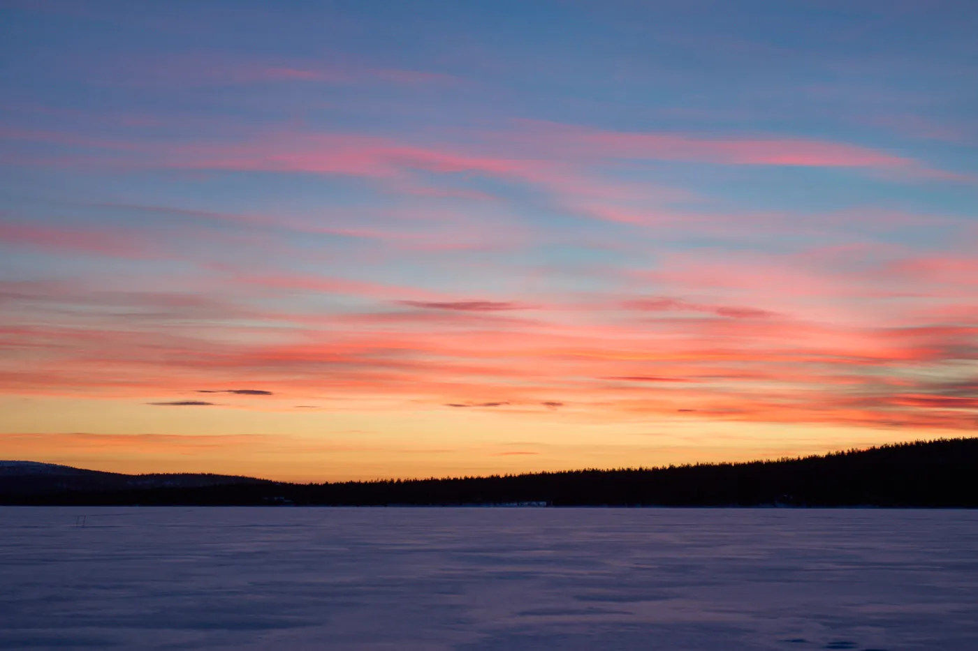 Pink dusk frozen lake lapland